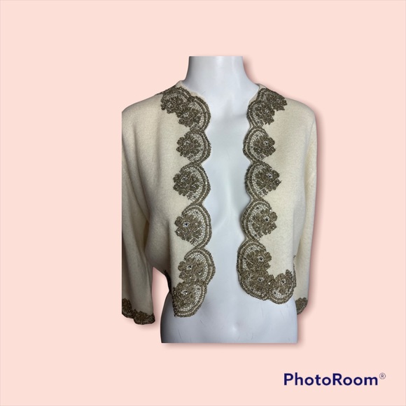 RARE Eleanor Beard Hardinsburg KY Vintage 1960s metallic lace appliqué cardigan - Picture 4 of 14